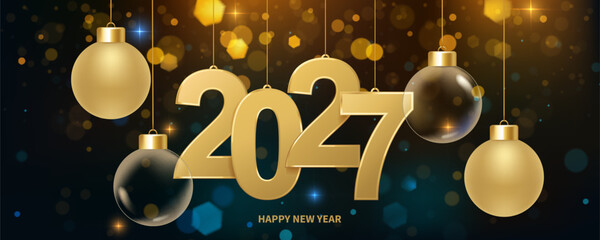 Happy new year 2027 background. Golden numbers and Christmas decoration with shiny lights in background. Holiday greeting card.