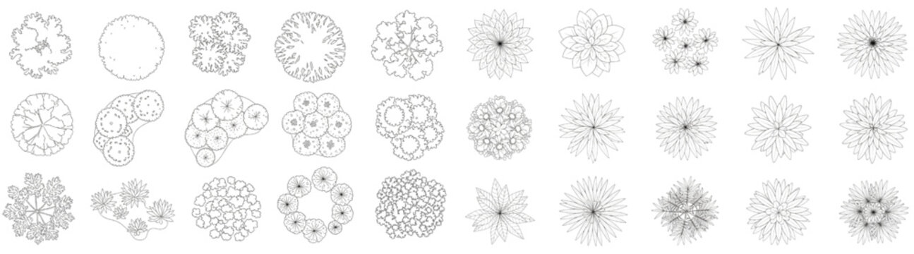 Vector Architectural Top View Tree and Shrub CAD Block Set in Black Outline Style