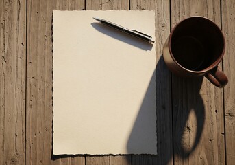Rustic coffee cup and blank paper with pen on a wooden table bathed in sunlight. concept of morning thoughts, writing inspiration, cozy ambiance