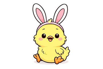 Fototapeta premium Cute chick with bunny ears illustration on white background. concept of festive easter art, adorable bird character, whimsical springtime design