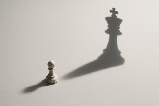 Chess pawn casting shadow of king piece on white background for inspirational concept. concept of ambition, transformation, personal growth, potential realization