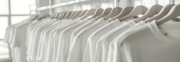 Fototapeta premium Row of neatly hung t-shirts on hangers in a bright closet. concept of organized wardrobe, minimalist fashion, clothing display, copy space , banner
