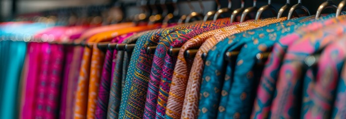 Colorful row of neatly hung scarves on hangers in a boutique display. fashion variety, textile patterns, clothing store organization, style selection, apparel presentation, copy space , banner