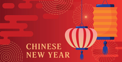 Chinese, Lunar New Year Festive Vertical poster with golden lanterns and traditional decorative elements. Red and Gold Festive Design Suitable for holiday posters, banners, greetings, social media. 
