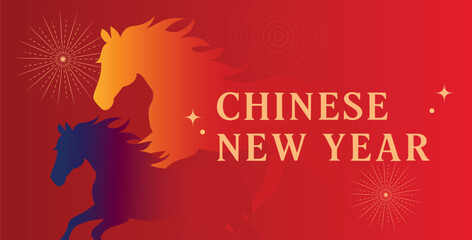 Chinese, Lunar New Year Festive Banner with Horse silhouette on a red background. Bright Festive Design Suitable for holiday posters, banners, greeting cards, social media advertising. 