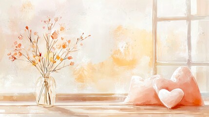 Serene Watercolor Art of a Cozy Modern Living Room with Heart-Shaped Cushions and a Vase of Flowers. Concept of Comfort, Home Decor, Tranquility, and Aesthetic Beauty