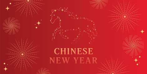 Chinese, Lunar New Year Festive Banner with Horse silhouette on a red background. Bright Festive Design Suitable for holiday posters, banners, greeting cards, social media advertising. 