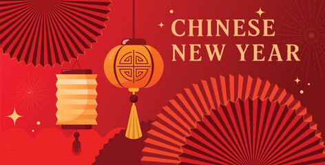 Chinese, Lunar New Year Festive Vertical poster with golden lanterns and traditional decorative elements. Red and Gold Festive Design Suitable for holiday posters, banners, greetings, asocial media. 
