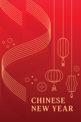 Chinese, Lunar New Year Festive Vertical poster with golden lanterns and traditional decorative elements. Red and Gold Festive Design Suitable for holiday posters, banners, greetings, social media. 
