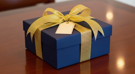 Elegantly wrapped dark blue gift box adorned with a shimmering golden ribbon and bow, featuring a blank tag ready for a personalized message, perfect for celebrations and special occasions