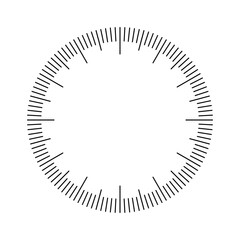 Mechanical clock face, bezel. Watch dial with minute and hour marks. Timer or stopwatch element. Blank measuring circle scale with divisions. Vector illustration