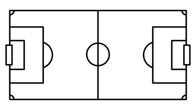 Football Ground Top View Diagram With Black Outline on White Background, Soccer Field Layout Plan Illustration