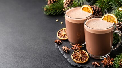 Hot chocolate in glass mugs, on a dark background with pine branches and decorations, with space for text or copy.