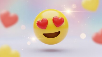 Cute smiling 3d emoji with red heart eyes and happy mouth
