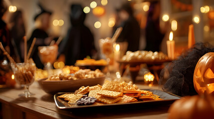 Spooky Celebration: A festive Halloween gathering is set, with a table laden with snacks, treats, and seasonal decorations, illuminated by soft candlelight and the shadows of costumed revelers. 