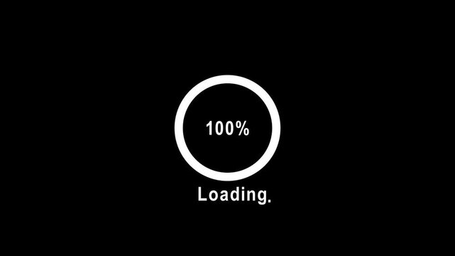 Whit circular progress bar showing 0 to 100 percent complete with text installing and loading dots on black background 4k video...