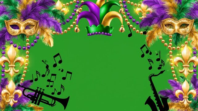 Mardi gras carnival green screen frame with colorful feather and gold mask