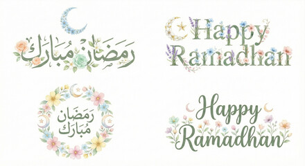 Obraz premium Ramadan Mubarak greeting cards with floral designs and crescent moon