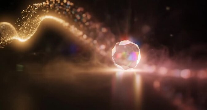 Faceted crystal with rainbow core and golden particle wave, dark background, Echoes of Light fantasy design element