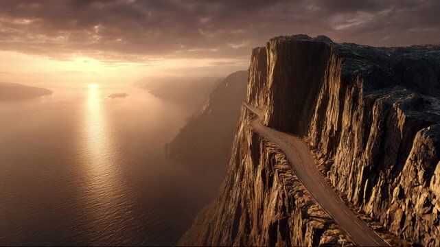 Driving on a narrow road along a steep cliff with sunlight reflecting on water during sunset near a fjord
