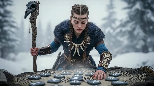 Mystical runes and Viking magic explored in snowy landscape with a powerful seer