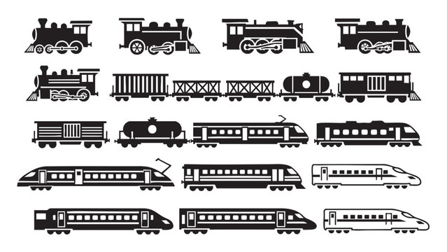 Set of Various Freight and Passenger Train Silhouettes for Transportation Themes