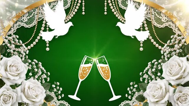 Wedding ceremony green screen frame with white rose flower and champagne glass
