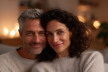 middle-aged couple love, prompt diverse middle-aged couple embracing authentically in their cozy home