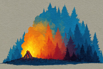 A stylized illustration of a campfire burning at the edge of a pine forest. The bright flames in warm yellow-orange hues contrast with the cool blue and deep shadows of the trees, 