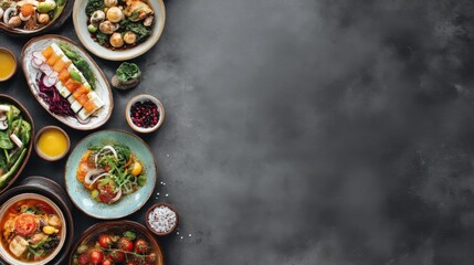 An array of fresh and vibrant dishes is artfully arranged on the left side of a dark stone background. The composition highlights colorful ingredients, offering a delicious and visually appealing view