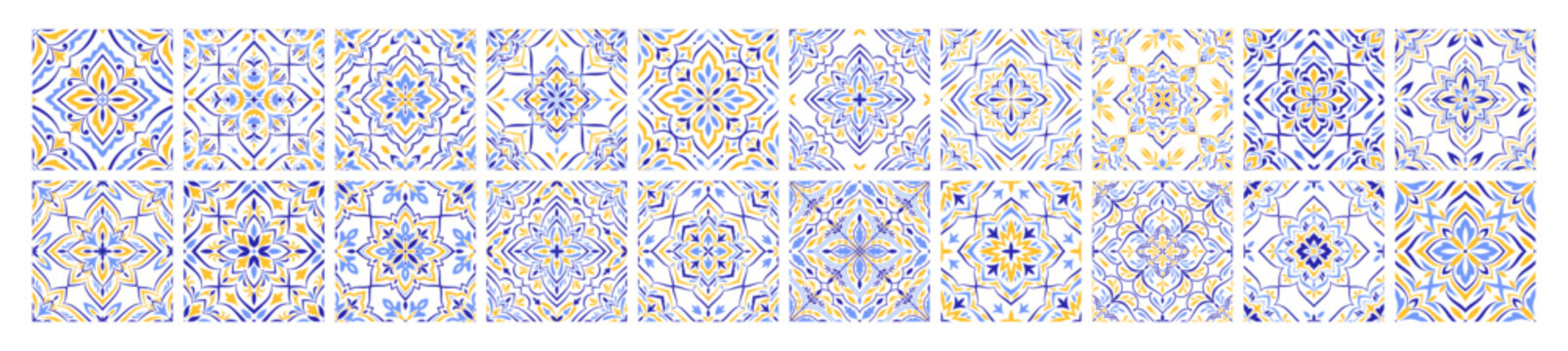 Mediterranean ceramic tile set, border. Blue yellow seamless pattern, no background. Spanish, Sicilian, Portuguese, Italian folk traditional ornament. Floral ethnic motif, mosaic design print. Vector