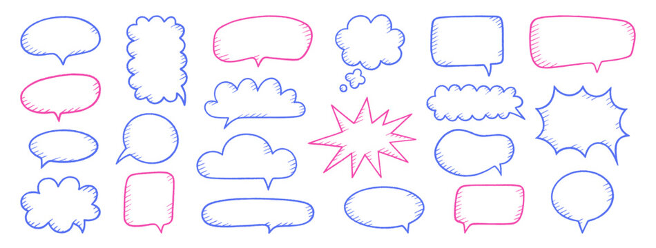 Crayon speech bubbles set. Chat talk boxes. Line drawn colorful chalk frames. Kid doodle pencil drawing, dialogue balloon cloud. Thought elements on white background. Vector illustration