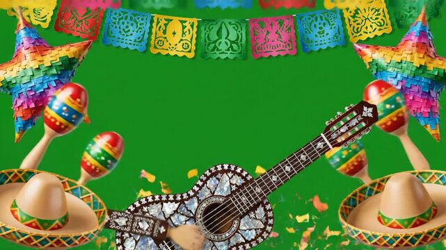 Mexican fiesta party frame with sombrero and colorful flag on green screen background