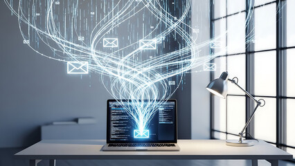 A laptop on a desk in a modern office with email graphics floating above