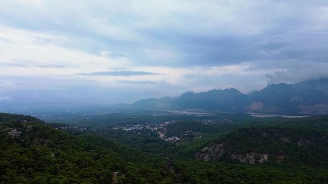 a dense forest and a cloud-covered mountain rising from the middle of the forest towards the sky.