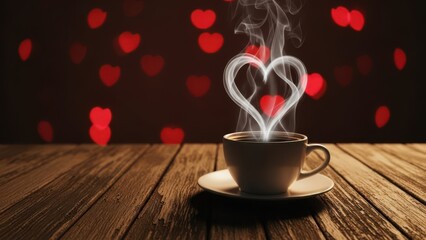 Hot coffee cup with heart shaped steam on wooden table with bokeh lights