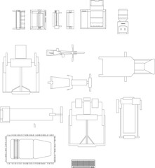 Vector set of interior design symbols. Minimalist line art of office equipment, water dispenser, air conditioner, and treadmill for floor planning. © Riki