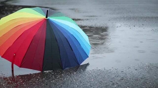 Colorful Umbrella Standing Alone in Rainy Weather.