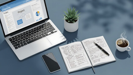 Obraz premium A modern workspace with laptop, notebook, and coffee on a clean desk surface