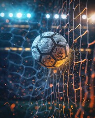 Cinematic Close-up of a Soccer Ball Hitting the Goal Net with Water Splashes on a Rainy Night Stadium Background Representing Victory and Success