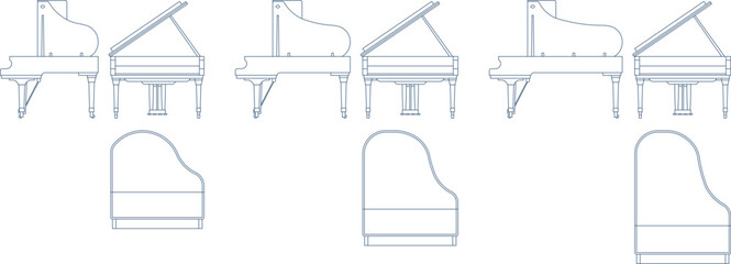 Vector set of grand piano symbols in minimalist line art. Features side and top views of pianos for interior design and architectural floor plans.