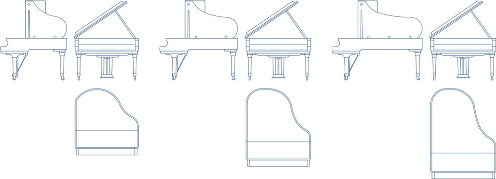 Vector set of grand piano symbols in minimalist line art. Features side and top views of pianos for interior design and architectural floor plans.