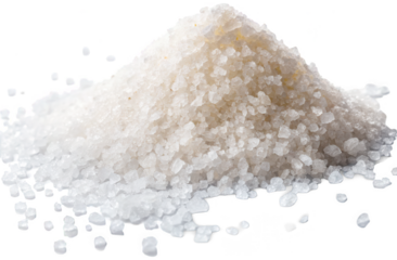 Granular, crystalline white sugar pile with a slightly uneven surface and sparkling texture, dynamically scattered across a with a vibrant pink and yellow halo,, isolated on transparent background.