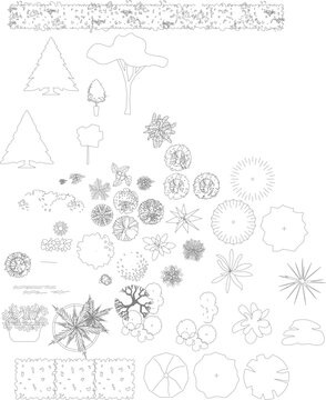 Large vector set of landscape architectural symbols. Minimalist line art of trees, shrubs, and hedges in top and side views for site plan design.