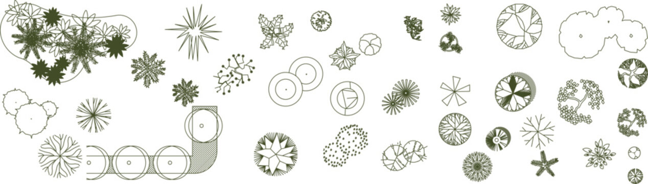Vector set of various landscape architectural symbols. Features minimalist line art of trees, plants, and shrubs in top view for site plan design.