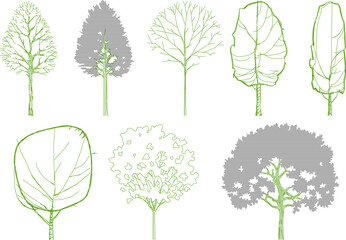 Obraz premium Vector set of various tree species in minimalist green line art. Features sketches of deciduous and evergreen trees for landscape and site planning.
