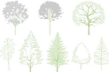 Fototapeta premium Vector line art set of green deciduous and evergreen trees. Minimalist sketches of various tree species for landscape design and outdoor planning.