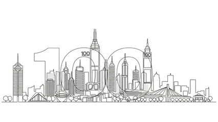 Fototapeta premium City skyline with 100 years anniversary logo in modern line art style with gray monochromatic color on white background for corporate branding