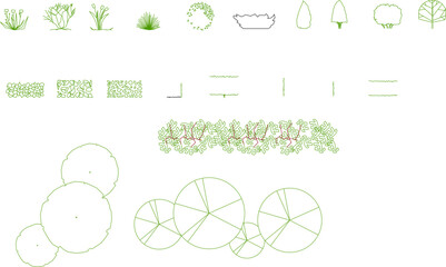 Vector set of green landscape design symbols. Features minimalist line art of trees, shrubs, and garden hedges in top view for site plan mapping. © Riki