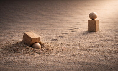 "Burying one's head in the sand." Symbolically and abstractly illustrated, this depicts repression and the path to a solution within a calm, instructive context. For therapy. Copyspace